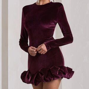 Club L London Velvet Long Sleeve Dress in Deep Burgundy